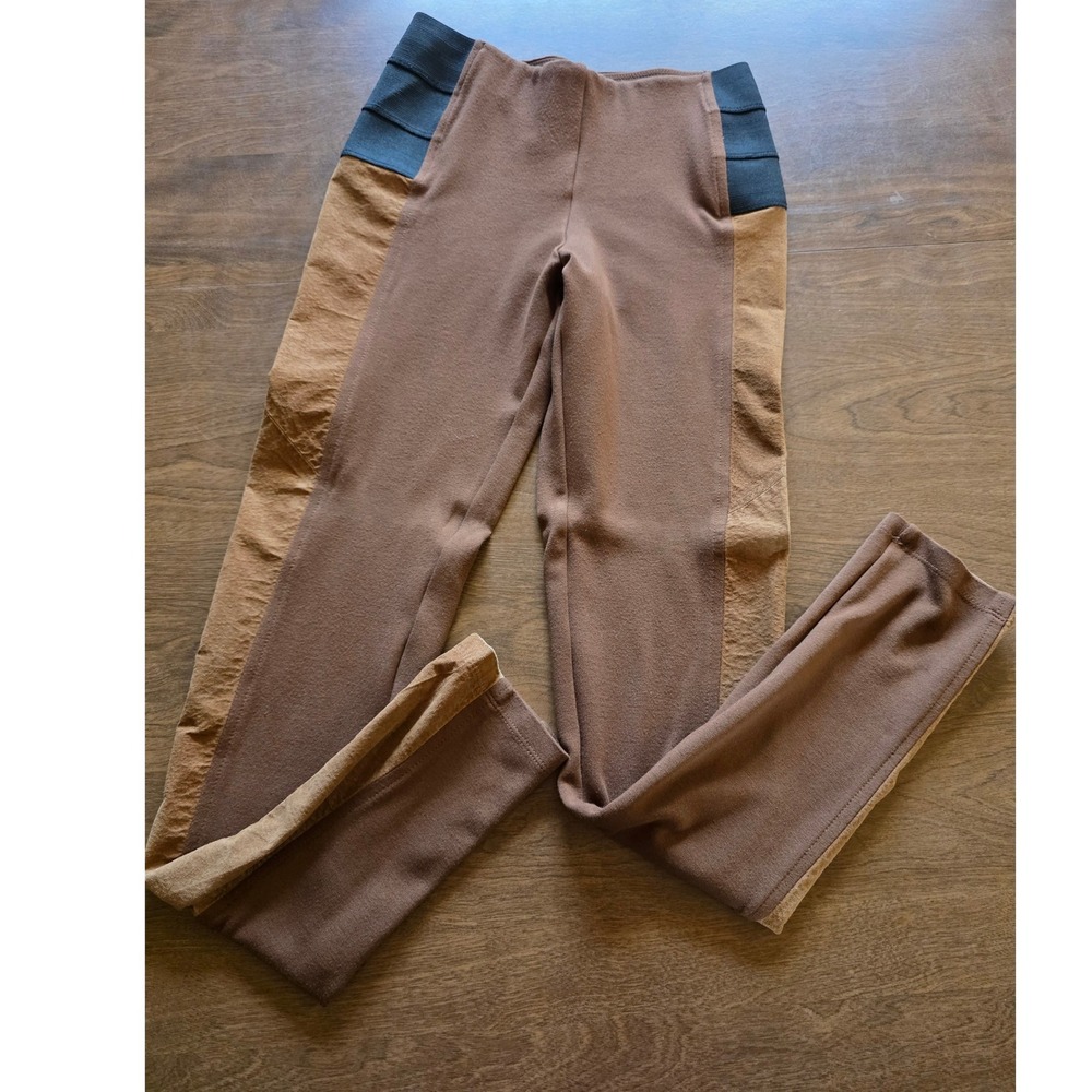 Hale Bob Brown Ponte Leggings Tan Pig Suede Side Panel Riders Style  Horse Sm